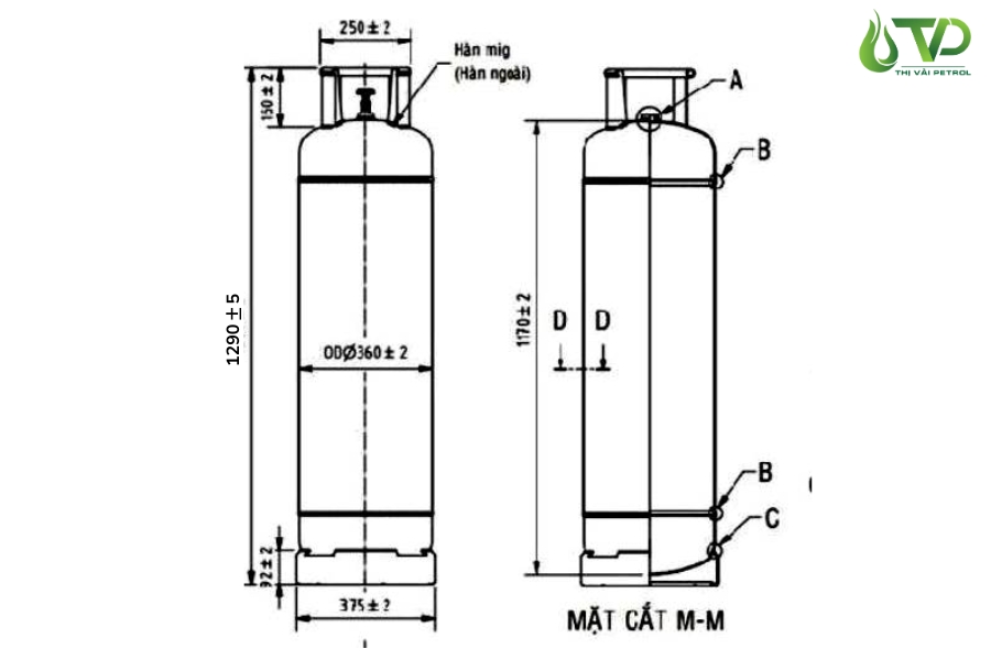 Kích thước bình gas công nghiệp 45kg chuẩn cho doanh nghiệp