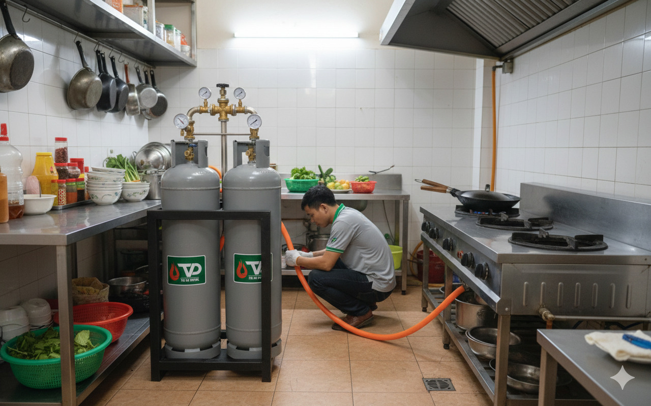 Lắp đặt bộ 2 bình gas công nghiệp 45kg giúp quán ăn tiết kiệm diện tích và nấu nướng liên tục